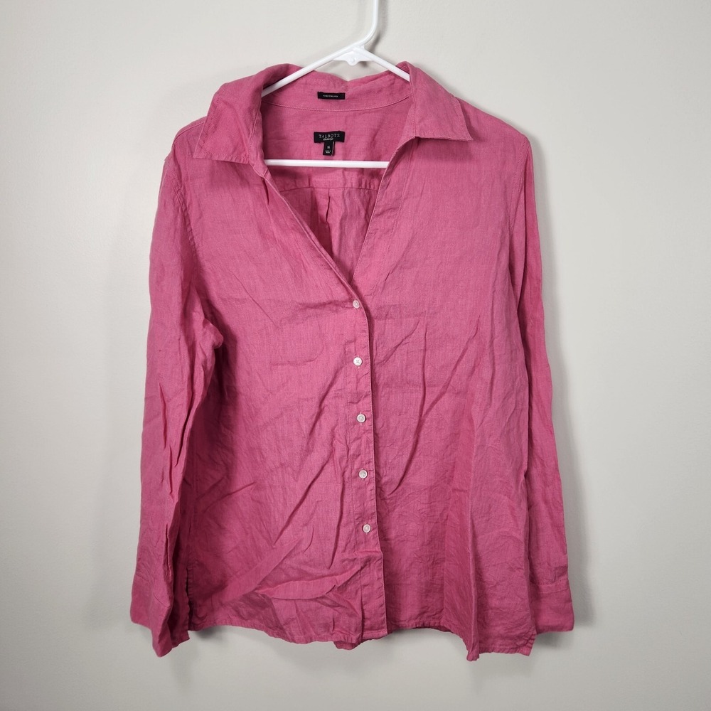 Talbots 100% Irish Linen Button Up Pink Shirt Womens Sz 16 Long Sleeve Slit